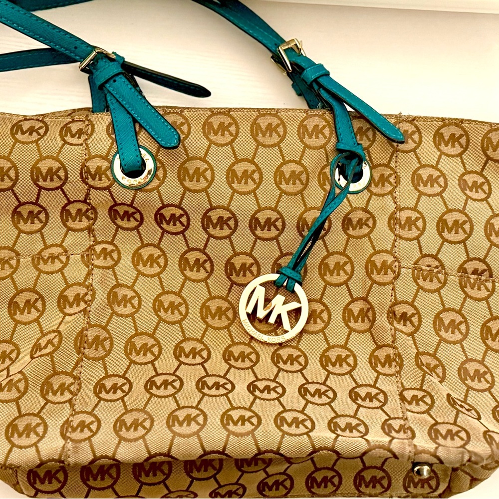 Michael Kors Tan and Teal Tote Bag